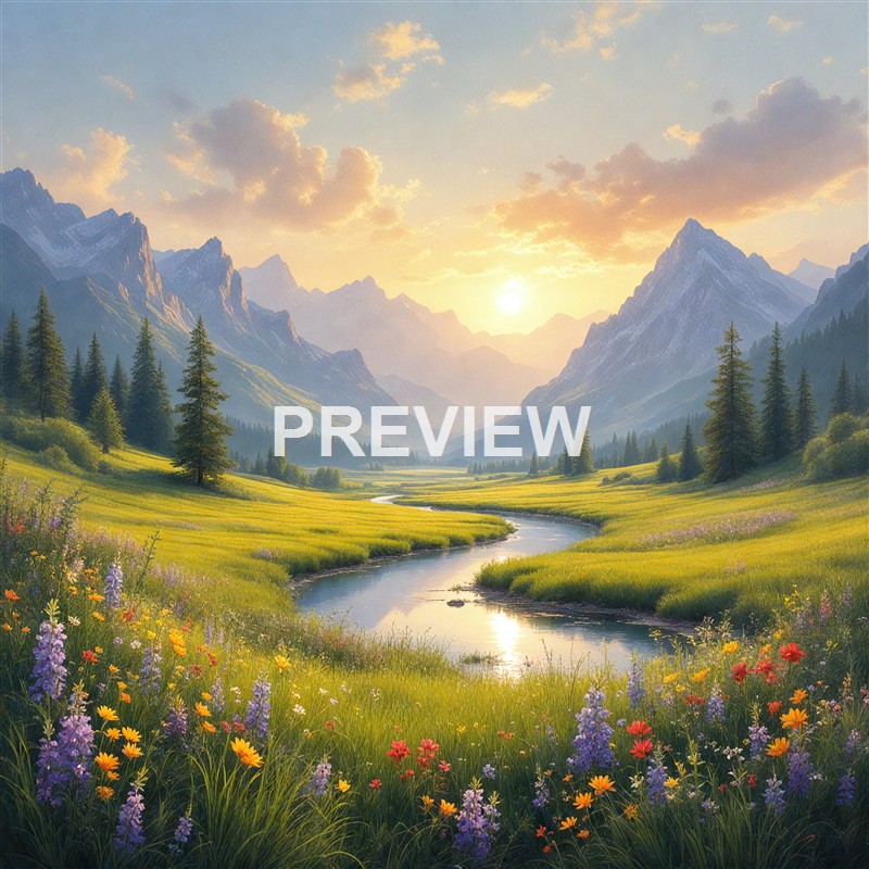 A picturesque landscape featuring a winding river flowing through a lush green valley with colorful wildflowers, surrounded by tall pine trees and majestic snow-capped mountains under a bright, partly cloudy sky at sunrise or sunset.